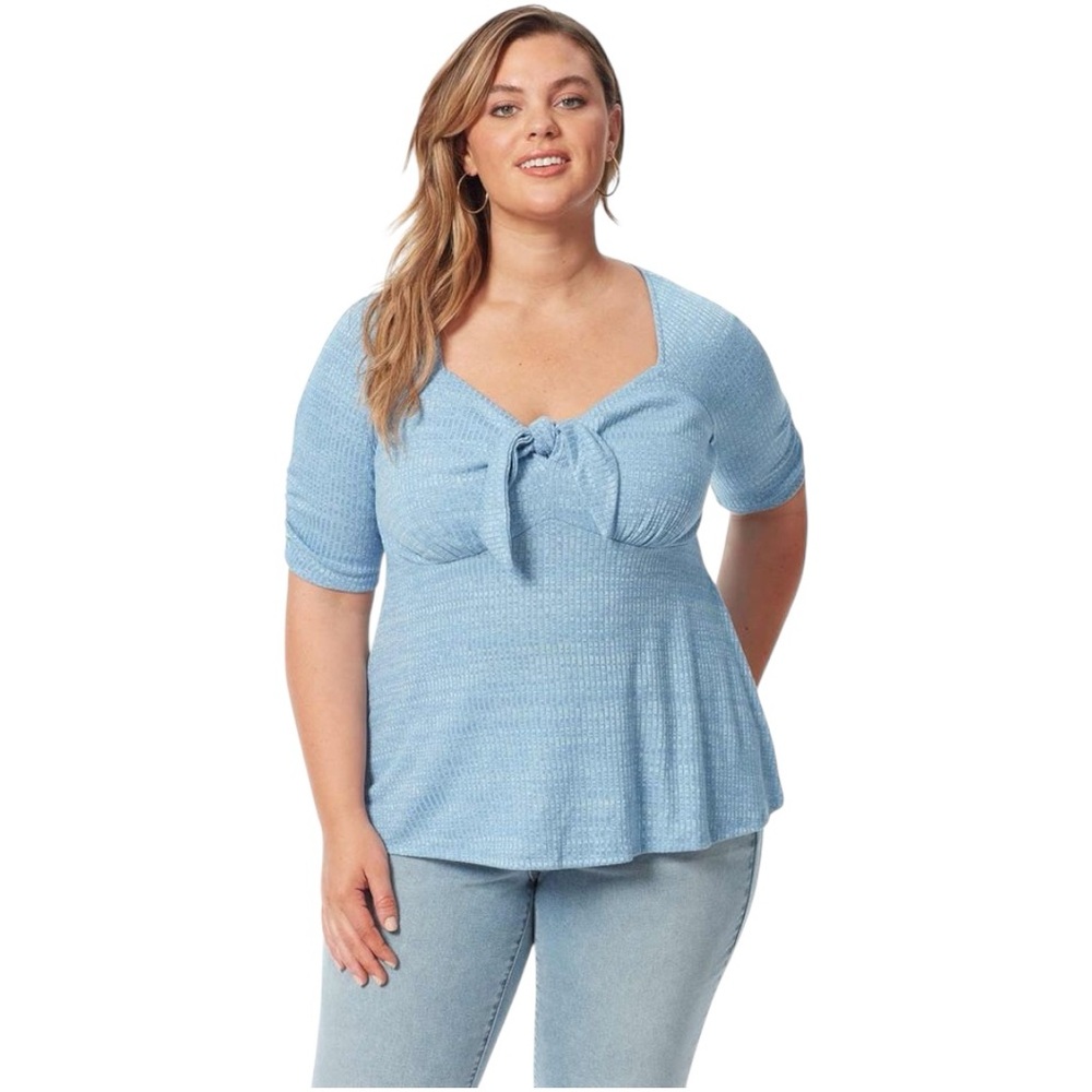 Jessica Simpson Blue Yonder Lyndsey Ribbed Knit, Tie Knot Front, Pullover Top 3X
